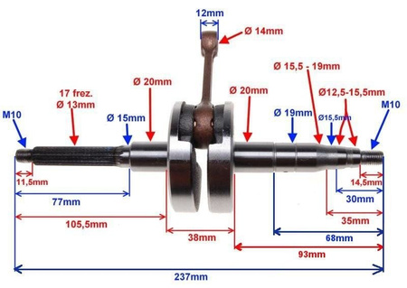 Wał korbowy skuter 2T sworzeń 10mm wieloklin 13 mm