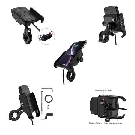 Uchwyt motocyklowy z ładowarką indukcyjną na telefon montowany na kierownicę lub lusterko typ: r9w-metal wireless