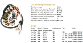 Uzwojenie alternatora stator yamaha yfm350 big bear '95-98, warrior '96-'01, kodiak 400 '93-'98 (esg434) (oem-3hn-8510-10-00, oem-4gb-85510-1
