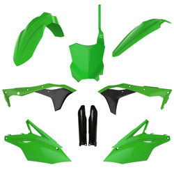 KOMPLET PLASTIKÓW (FULL KIT) KAWASAKI KXF 250 '17-'20 W ZESTAWIE TABLICA PRZEDNIA (8665900001) I OSŁONY AMORTYZARORÓW (8351800002) KOLOR ZIELONY CZARNY