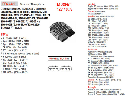 Dze regulator napięcia bmw s1000rr 08-12, r1200 gs 13-15, ducati 1200, triumph, kawasaki, yamaha, honda, mosfet (50a)