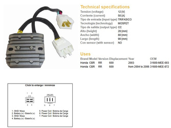 Dze regulator napięcia honda cbr600 rr 03-06 mosfet (50a) (31600-mee-872, 31600-mee-003) (esr430;esr436)