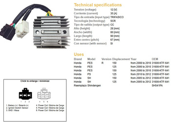 Dze regulator napięcia honda sh 125/150 '05-12 (12v, 35a) (31600-ktf-641) (sh541pa) (esr910)