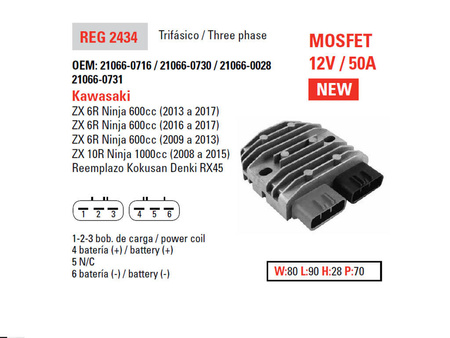 Dze regulator napięcia kawasaki zx6r '09-'17, zx10r '08-'15 12v 50a (mosfet) (esr596)