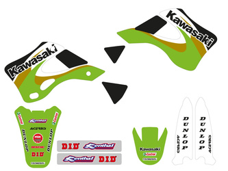 Komplet naklejek (oklein) + pokrowiec/poszycie na siedzenie kawasaki kx 125/250 '99-'02, replica oem kawasaki '00