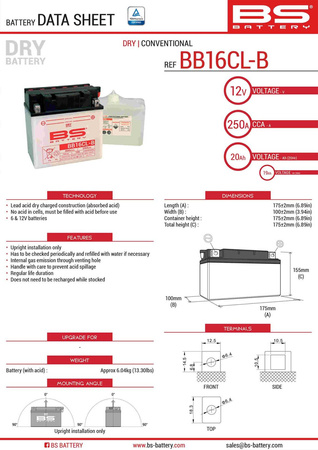 Bs akumulator bb16cl-b (yb16cl-b) 12v 19ah 175x100x175 obsługowy - elektrolit osobno (250a) (2) ue2019/1148