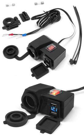Motocyklowe gniazdo zapalniczki z dwoma gniazdami usb z wyłącznikiem montaż na kierownicę/rurkę - mus06
