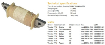 Dze cewka uzwojenia yamaha yfm 80 raptor/grizzly '02-'08 (5g3-85520-m1) (390 ohm)