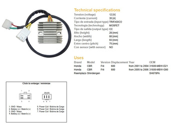 Dze regulator napięcia honda cbr 600f 4 i '01-'06 (35a)  (31600-mbw-d21) (esr431) (sh678pa)