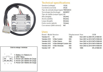 Dze regulator napięcia yamaha fzs1000 '01-'05, xvs650 '01-'16 (5kp-81960-00) (35a) (esr266) (5fl-81960-00)