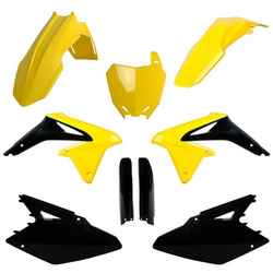 KOMPLET PLASTIKÓW (FULL KIT) SUZUKI RMZ 450 '08-'17 W ZESTAWIE TABLICA PRZEDNIA (8659300001) I OSŁONY AMORTYZARORÓW (8398300002) KOLOR CZARNY ŻÓŁTY OEM