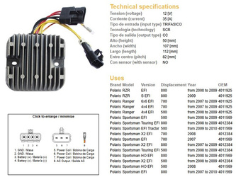 Dze regulator napięcia polaris sportsman efi 500/700/800, ranger efi 500/700/800 (12v/35a) (4012384, 4011569, 4011925) (esr826)