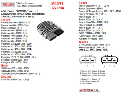 Dze regulator napięcia can-am 400/500/650/800/1000, honda trx500/650/680, kawasaki kvf750 12-13, polaris 400/500/550/570/800/900, mosfet (50a) (esr592)