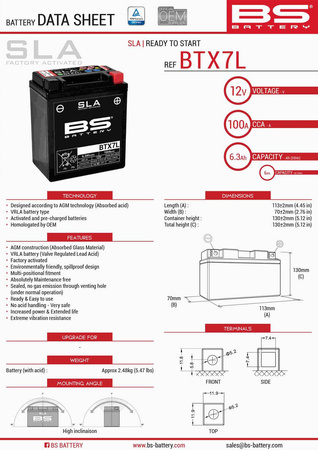 Bs akumulator btx7l (fa) (ytx7l-bs) 12v 6ah 113x70x130 bezobsługowy - zalany (100a) wzmocniony (8)