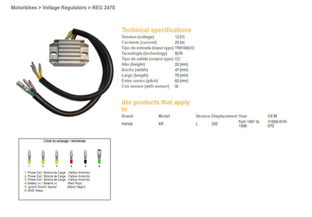 Dze regulator napięcia honda xr 250l '91-'96 (31600-kv6-670) (12v/20a)