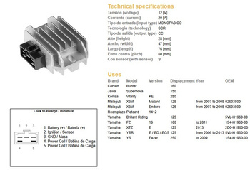Dze regulator napięcia yamaha ybr125 '06-'13 (12v20a) (5vl-h1960-00) (20a)
