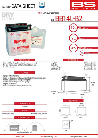 Bs akumulator bb14l-b2 (yb14l-b2) 12v 14ah 134x88x166 obsługowy - elektrolit osobno (175a) (4) ue2019/1148