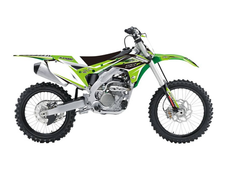Komplet naklejek (oklein) + pokrowiec/poszycie na siedzenie kawasaki kxf 250 '17-'20, dream 4 kolor zielony/czarny