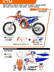 Komplet plastików plukomplet naklejek (oklein) ktm sx/sxf 125/150/250/350/450 '19-'22 w zestawie przednia tablica (kt04094) oraz osłony amortyzatorów (kt04055) patriot kolor oem ( biały/ niebieski)