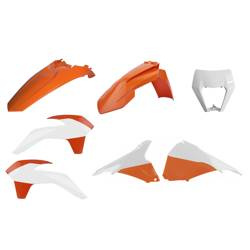 Komplet plastików ktm exc/exc-f '14-'16 (restyling) w zestawie błotnik przedni '17-'19 (8574200008) osłona lampy przedniej '17-'19 (8666800001) kolor pomarańczowy biały oem