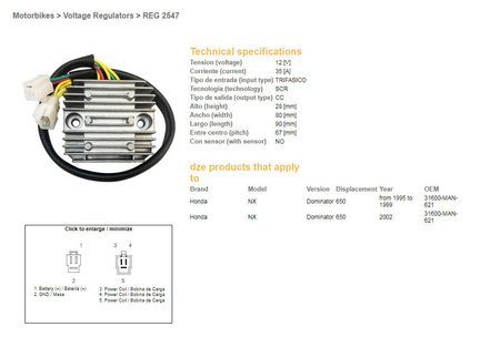 Dze regulator napięcia honda nx650 dominator '95-'99, '02 (31600-man-621) (12v/35a)