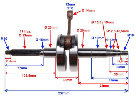 WAŁ KORBOWY SKUTERY 2T ZIPP ROMET BARTON SWORZEŃ 10MM