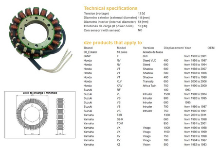 Uzwojenie alternatora stator yamaha f1300 '01-11, tdm 850 '91-01, xv 750 '81-98, 1100 '86-99, suzuki vl 1500 '98-04, vs 600/700/750/800, hon