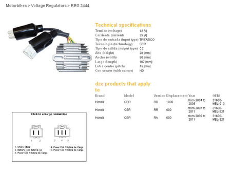 Dze regulator napięcia honda cbr600rr 07-11, cbr1000rr 04-05 (31600-mel-821) (esr439) (sh678fd, sh678fb)
