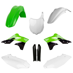 KOMPLET PLASTIKÓW (FULL KIT) KAWASAKI KX 250F '13-'16 W ZESTAWIE TABLICA PRZEDNIA (8659200003) I OSŁONY AMORTYZARORÓW (8351800002) KOLOR ZIELONY CZARNY BIAŁY OEM