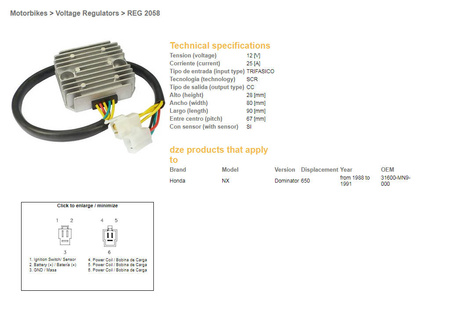 Dze regulator napięcia honda cb 250/400/450 ,xbr 500, xl 600 lm, nx 650 dominator '88-91 (sh532b)