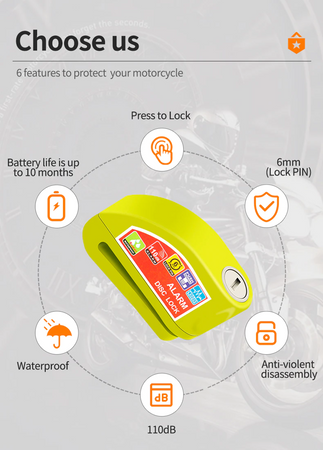 Blokada Antykradzieżowa Disc Lock Z Alarmem 110db Żółta