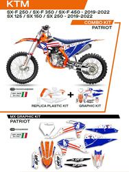 Komplet plastików plukomplet naklejek (oklein) ktm sx/sxf 125/150/250/350/450 '19-'22 w zestawie przednia tablica (kt04094) oraz osłony amortyzatorów (kt04055) patriot kolor oem ( biały/ niebieski)