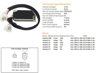 Dze regulator napięcia yamaha xv 535/700/750/1000/1100 '85-'96, v-max 1200 '85-'95 z kablami (esr279) (42x-81960-a1-00) (35a)