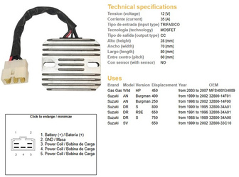 Dze regulator napięcia suzuki an/250/400 '99-'02, dr 650 rse '91-'96, dr 750/800s '88-'95, sv 650 '99-'02 (32800-34a00, 32800-14f00) 12v35a