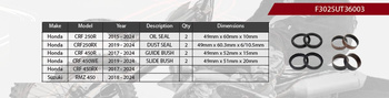 ZESTAW NAPRAWCZY AMORTYZATORA PRZEDNIEGO HONDA CRF 250 R '15-'24, CRF 250 RX '19-'24, CRF 450 R '17-'24, CRF 450 RX '17-'24, SUZUKI RMZ 450 '18-'24, (USZCZELNIACZE OLEJOWE X 2, PYŁOWE X 2, PANEWKI X 4) (SERVICE KIT) (ZAWIESZENIE 49MM)