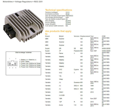 Dze regulator napięcia yamaha xj600 diversion 96-02, ybr125, yzf125r, majesty 125/250 (4hm-81960-00), suzuki dr650se 96-17 (32800-32e00) (12v/35a) (esr272)