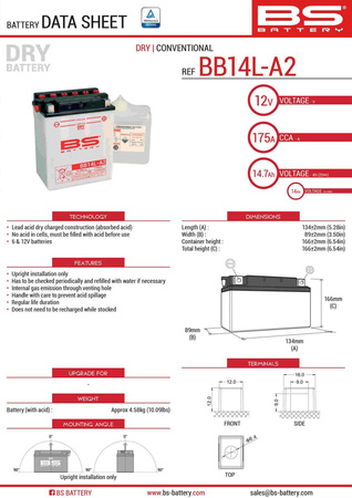 Bs akumulator bb14l-a2 (yb14l-a2) 12v 14ah 135x91x167 obsługowy - elektrolit osobno (175a) (4) ue2019/1148
