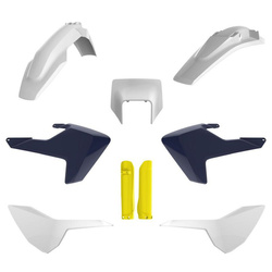 KOMPLET PLASTIKÓW (FULL KIT) HUSQVARNA TE/FE TPI '17-'19 W ZESTAWIE TABLICA PRZEDNIA (8666900001) I OSŁONY AMORTYZARORÓW (8398900004) KOLOR BIAŁO NIEBIESKI OEM