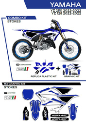 Komplet plastików plukomplet naklejek (oklein) yamaha yz 125/250 '22 w zestawie przednia tablica (ya04860) oraz osłony amortyzatorów (ya04814) stokekolor oem (niebieski/czarny/biały)