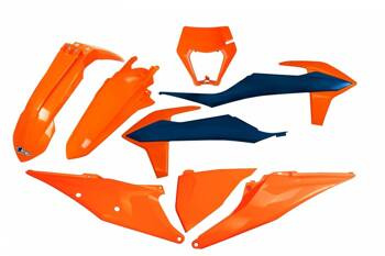Komplet plastików ktm exc 125 '20-'21, exc/excf(exc-f) 150/250/300/350/450/500 '20-2023 z osłoną lampy kolor oem 2022 (niebieski/pomarańczowy)
