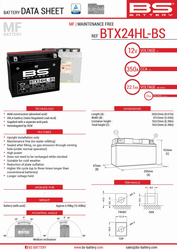 Bs akumulator btx24hl-bs (ytx24hl-bs) 12v 21ah 205x87x162 bezobsługowy - elektrolit osobno (350a) (2) ue2019/1148
