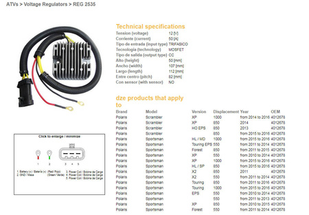 Dze regulator napięcia polaris sportsman 550 '10-'14, 850 '10-'16, 1000 '15-'16, scrambler 550/850/1000 (mosfet - 50a) (4012678) (esr823)