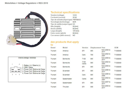 Dze regulator napięcia triumph america 790/865 '02-'17, bonneville 865 '02-'17, scrambler/speedmaster 865 '02-'17, tt 600 '00-'03 (t1300889, t1300888) (esr547)