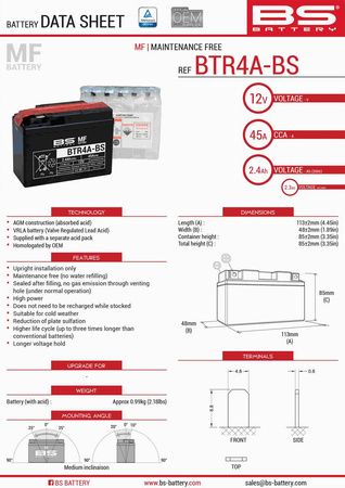 Bs akumulator btr4a-bs (ytr4a-bs) 12v 2,3ah 113x38x85 bezobsługowy - elektrolit osobno (45a) (12) ue2019/1148