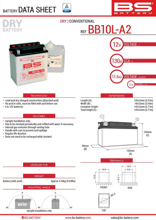 Bs akumulator bb10l-a2 (yb10l-a2) 12v 11ah 136x91x146 obsługowy - elektrolit osobno (160a) (4) ue2019/1148