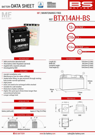 Bs akumulator btx14ah-bs (ytx14ah-bs) 12v 12ah 134x89x166 bezobsługowy - elektrolit osobno (210a) (4) ue2019/1148