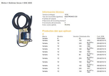 Dze cewka zapłonowa yamaha yz 125 77-82, yz 250 76-82 (2x6-82310-10) (565-82310-10)