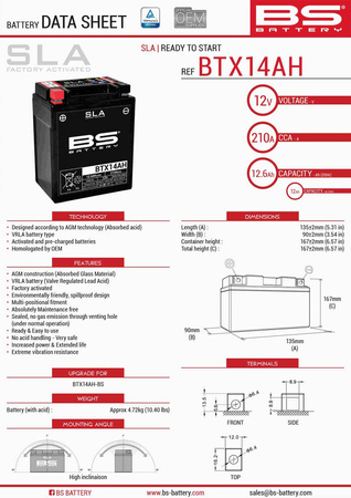Bs akumulator btx14ah (fa) (ytx14ah-bs) 12v 12ah 135x90x167 bezobsługowy - zalany (210a) (4)