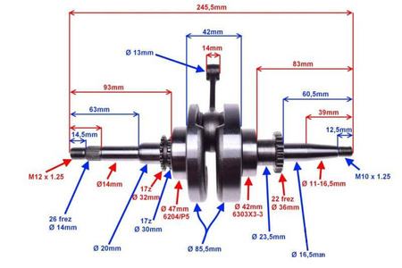 Wał korbowy do skuterów 4T z uszczelkami 22 zęby