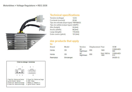 Dze regulator napięcia honda cb 650sc nighthawk '83-'85 (31600-me5-003) (sh255-12)